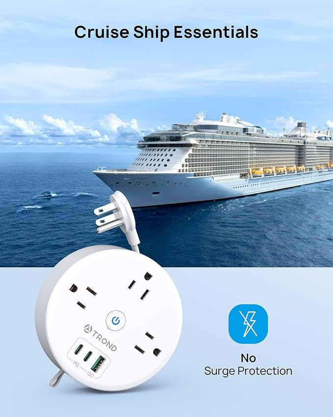 TROND 20W USB C Travel Power Strip - Retractable Extension Cord 5ft Ultra Thin Flat Plug, Power Strip with 3 AC Outlets and USB C Fast Charging, Cruise Ship Essentials, for Home Hotel Dorm Room, White