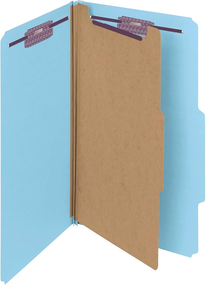 Smead Pressboard Classification File Folder with SafeSHIELD Fasteners, 1 Divider, 2" Expansion, Legal Size, Blue, 10 per Box (18730)