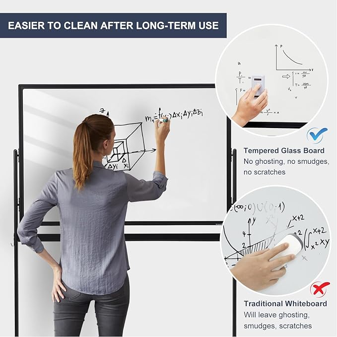 Mobile Clear Glass Whiteboard on Wheels - TANKEE 48" x 32" Dry Erase Board with Stand, Large Rolling White Board with 25 Sheets Paper Pad, Transparent Tempered Glass Board for Office Home School