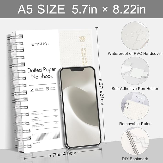 EMSHOI Spiral Notebook Bullet Dotted Journal, A5 Dotted Grid Notebook with 300 Pages, 100gsm Thick Paper, Waterproof Softcover Notebook for School Work Writing, 5.7" × 8.22" - Transparent