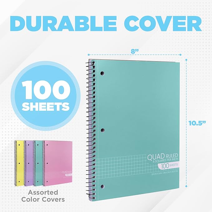Graph Paper Spiral Notebook - Graph Paper Notebook, Quad Ruled Grid Notebooks, Perforated Pages - 10.5 X 8 Inches - 1 Subject Wirebound Notebook - Assorted Colors - 100 Sheets per Book - (4 Pack)