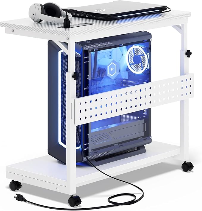 Computer Tower Stand with Power Strips, Height Adjustable PC Tower Stand/Cart with Wheels, Mobile Rolling CPU Holder, Computer Cart Side Stand for Computer Desk, 24", Carbon Fiber White