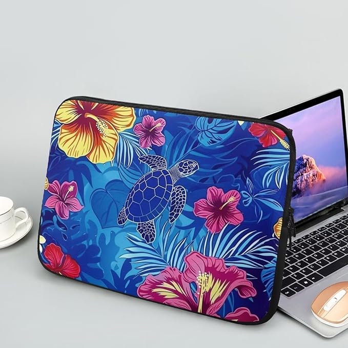 Sea Turtle Printed Laptop Briefcase for Women Men, Hibiscus Flower Printed 17 Inch Laptop Bag Messenger Bag Lightweight Laptop Case for Office Business Traveling Daily Use