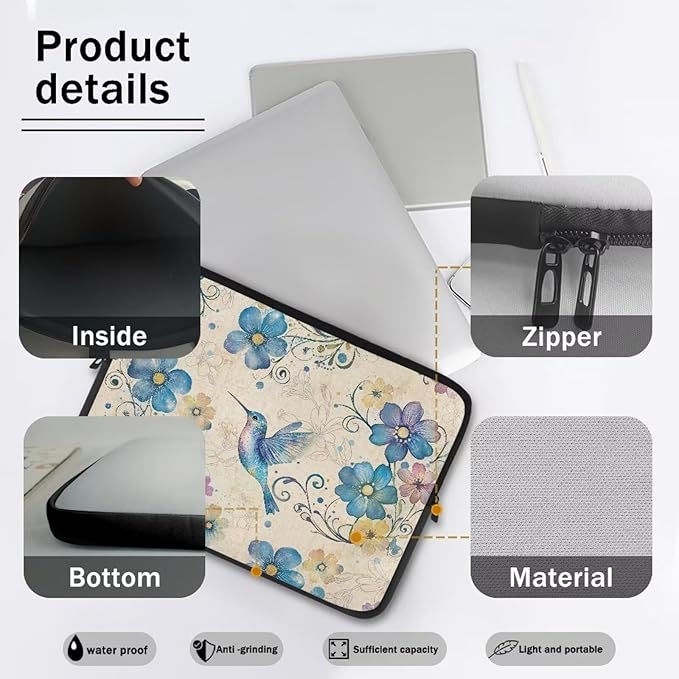 Hummingbird Printed Laptop Case Bag 17 Inch, Floral Printed Computer Bag Portable Laptop Sleeve for Boys, Easy to Carry Laptop Briefcase Work Bag Compatible with Most Laptops
