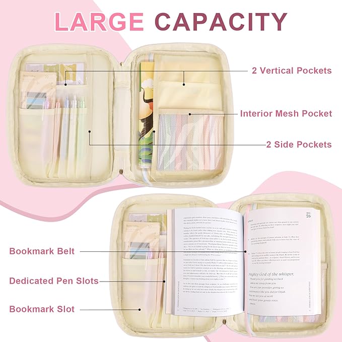 Personalized Initial Bible Cover Case for Women Girls Kid - Large Quilted Bible Case with Handle, Stylish Chenille Letter Bag Study Supplies, Perfect Christmas Gifts for Christians Women (Pink Bow-R)