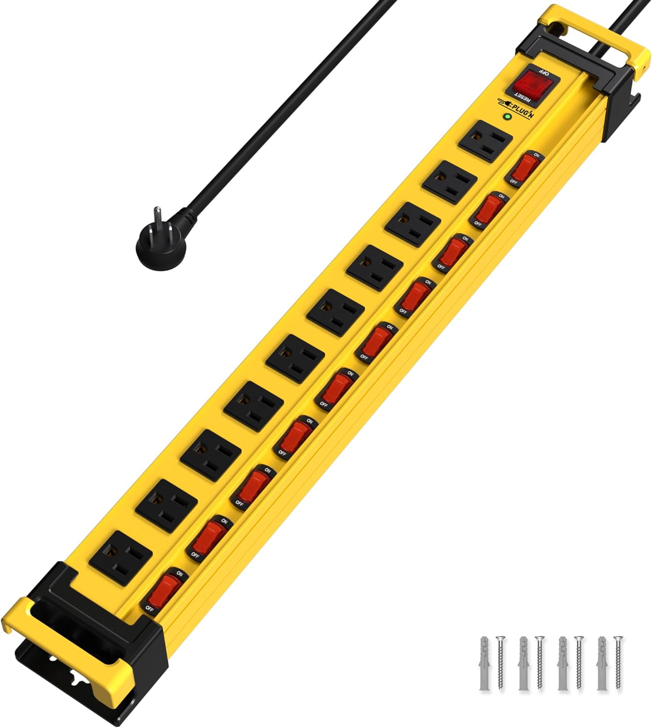 Power Strip 10 Outlet,3300J Surge Protector with Individual Switches,9FT Cord 14AWG/15AMP/1875W,Metal Heavy Duty Power Strip with Cord Manager,for Workshop,Garage,Shop,Home