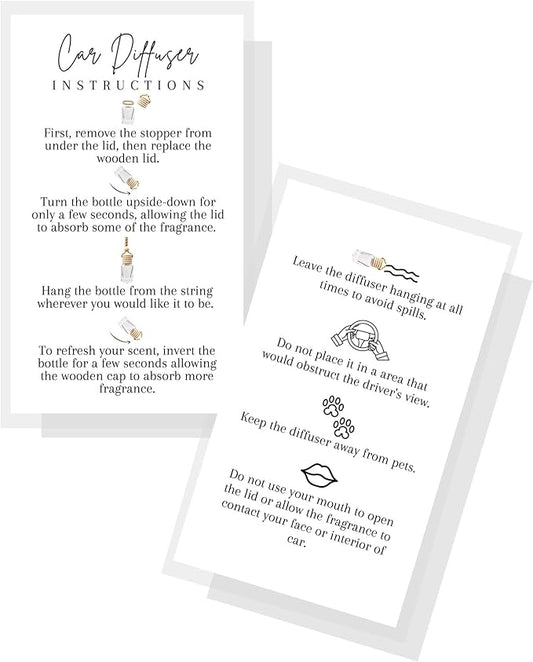 Car Diffuser Instruction Cards | Physical Printed 2" x 3.5" inches Business Card Size | Car Diffuser Supplies | White with Black Design