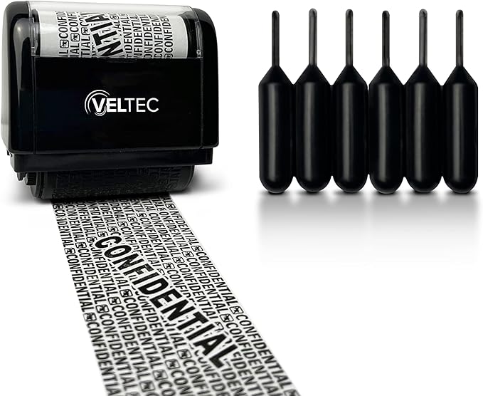 Veltec ID Protector Ink Roller - Identity Theft Protection Roller Stamp Set (Black, Stamp+6 Refills)