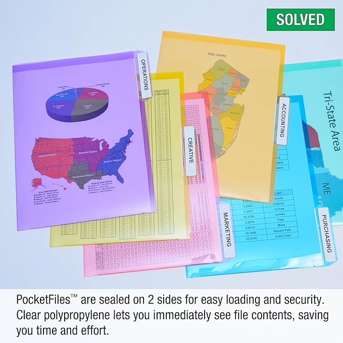 Ultimate Office PocketFile Clear Poly Document Folder Project Pockets, 3rd-Cut, Letter Size, in 6 Assorted Colors, Set of 72