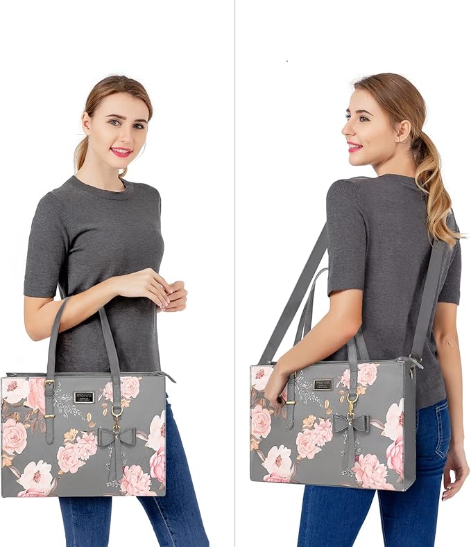 MOSISO Laptop Tote Bag Compatible with MacBook Air 15 inch M2 A2941/Pro 16 inch M3 M2 M1, 15-15.6 inch Notebook, Peony PU Leather Travel Work Briefcase with Detachable Bowknot & Small Purse, Grey
