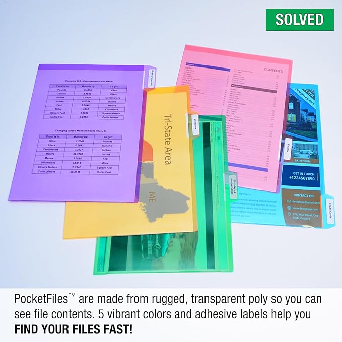 Ultimate Office PocketFile™ Clear Poly Document Folder Project Pockets, 5th-Cut, Letter Size, in 5 Assorted Colors, Set of 100