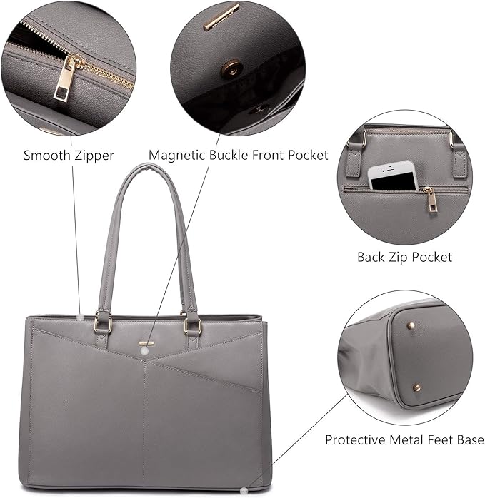 LOVEVOOK Laptop Tote Bag for Women 15.6 Inch Waterproof Leather Computer Bags Women Business Office Work Bag Briefcase Grey