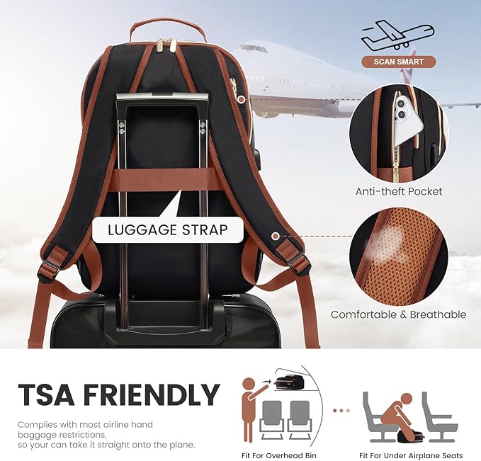 LOVEVOOK Laptop Backpack for Women 17.3 inch,Cute Womens Travel Backpack Purse,Professional Laptop Computer Bag,Waterproof Work Business College Teacher Bag Carry on Backpack with USB Port,Black Brown