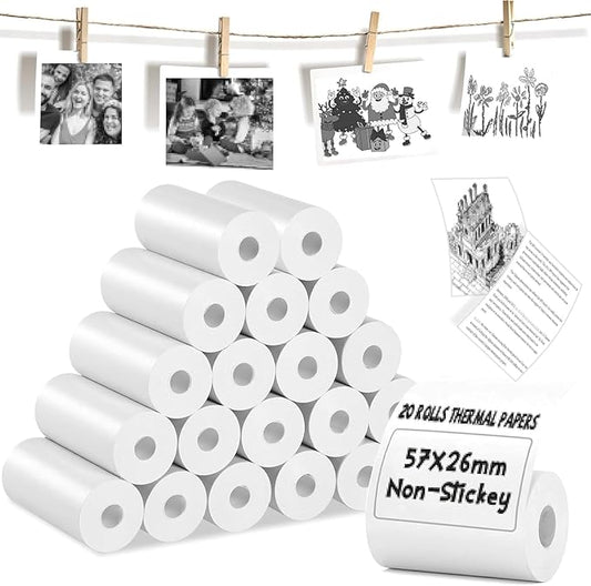 20 Rolls Thermal Paper, Glossy Thermal Printer Paper for Mini Portable Printer, 57mm X 4.5m, Diameter 26mm, Thermal Labels for Most Pocket Printer, Black Text, Suitable For Notes, List, Photos