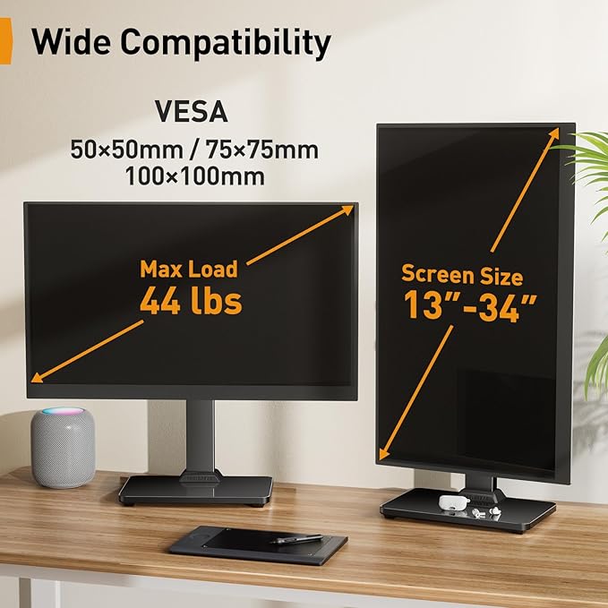 Perlegear Monitor Stand, Freestanding Monitor Mount for 13-34 inch Screens with 360 Degree Rotation, 5 Height Settings, Adjustable Monitor Desk Riser with Swivel and Tilt, Max VESA 100x100mm, PGTVS29