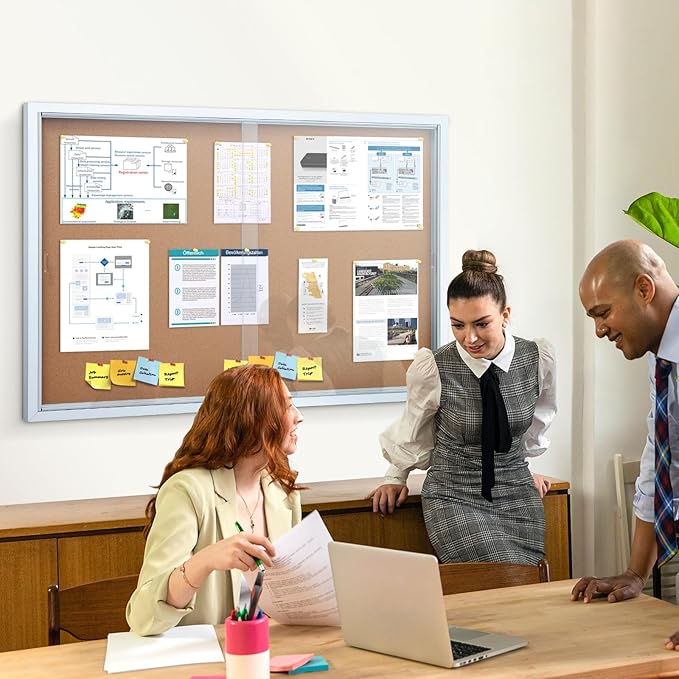 SWANCROWN Enclosed Locking Bulletin Board Cork Message Board with Sliding Glass Doors,for Indoor Use,48"x31.5"