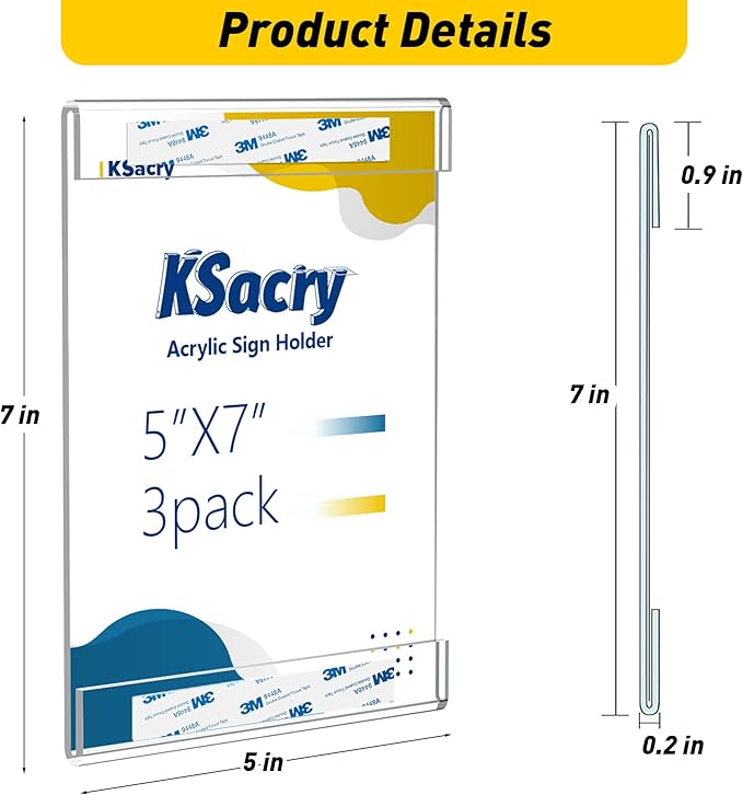 3 Pcs Acrylic Sign Holder 5 x 7, Vertical Wall Mount Sign Holders with 3M Adhesive, Clear Plastic Frames Paper Display Sign Holders for Office, Home, Store, Restaurant - No Drilling