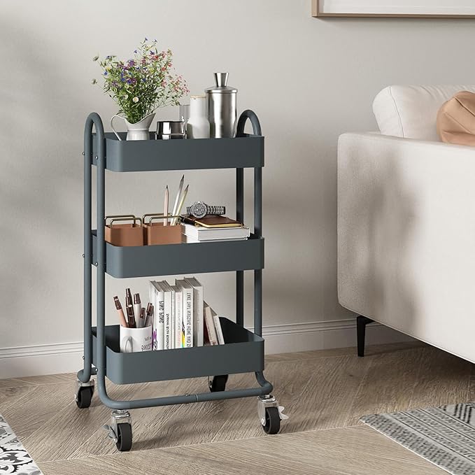 3-Tier Rolling Metal Storage Organizer,Mobile Utility Cart,Kitchen Storage Carts with Caster Wheels,Rolling Utility Cart Suitable for Office,Home,Kitchen,Garden（13.4"x18.1"x31"） Dark Grey