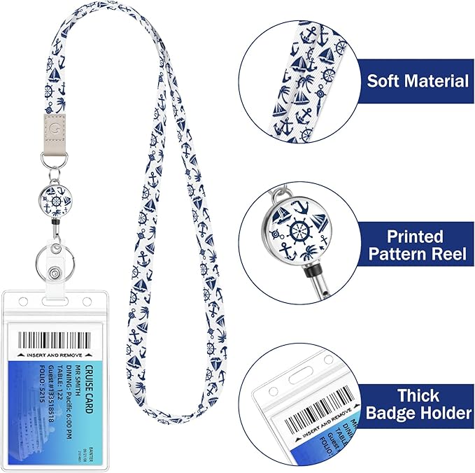 Giancomics Lanyards for Cruise Ships Cards Key, Lanyards with Retractable Badge Reel, Cute Waterproof ID Badge Holder Cruise Essentials Must Haves Zip Card Protector White Royal 2 Pack