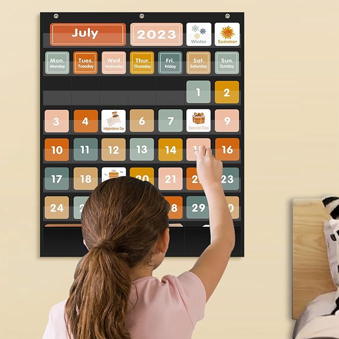 REGELETO Boho 46+3 Pockets Calendar Pocket Chart with 92 Cards for Classroom,Large Size: 28.75 x 24 inch Black Monthly Calendar and Weather Pocket Chart for Kids Learning for Home or Kindergarten