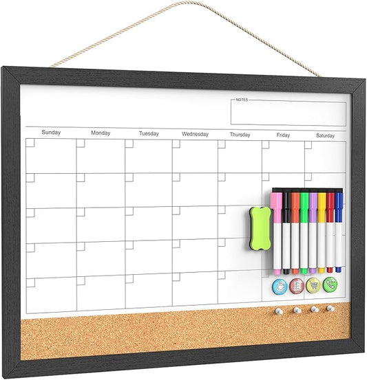 Dry Erase Calendar for Wall, 18x24 Inches Dry Erase Calendar Cork Board Combo, Magnetic White Board with Wood Framed, Hanging Dry Erase Board for Planner Home Office Kitchen Memo
