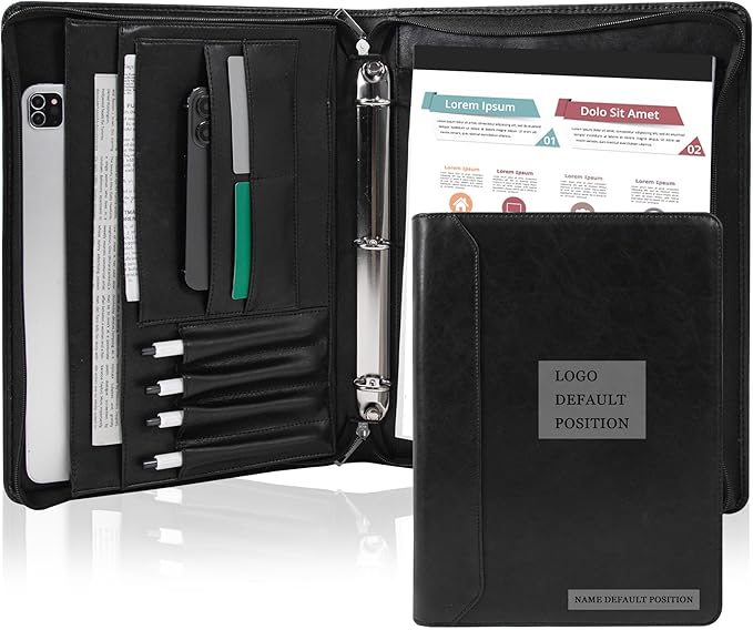 Free Engraved Name, Custom Ring Binder Portfolio, Professional Padfolio Vegans Leather, Document Organizer Folder, Zippered Organizer for 8.5 * 11 inch A4 Letter Legal Pad, Gift for Women/Men, Black