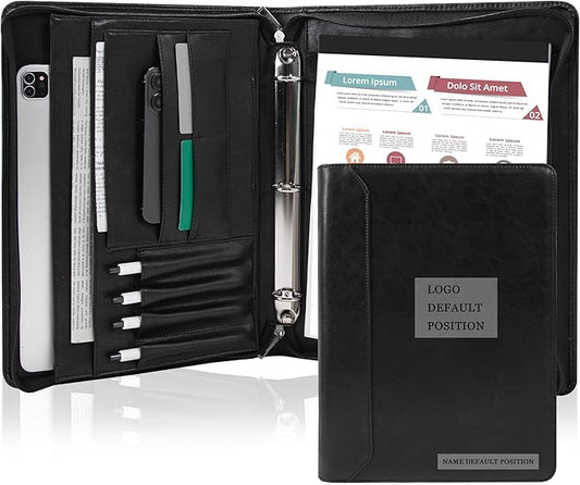 Free Engraved Name, Custom Ring Binder Portfolio, Professional Padfolio Vegans Leather, Document Organizer Folder, Zippered Organizer for 8.5 * 11 inch A4 Letter Legal Pad, Gift for Women/Men, Black