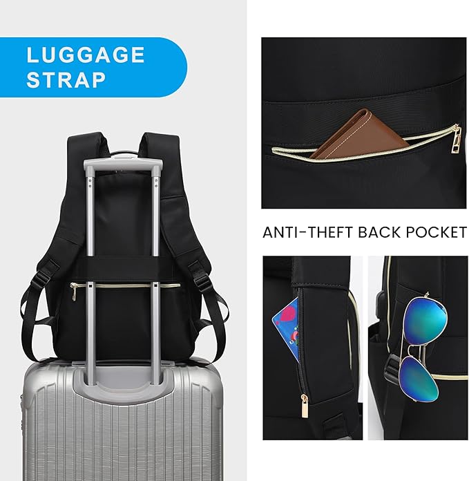 Modoker 15.6 Inch Laptop Backpack, Quilted Work Backpack for Women Bookbag Teacher Backpack with USB Charging Port, Travel Backpack Purse for Women Nurse, Black