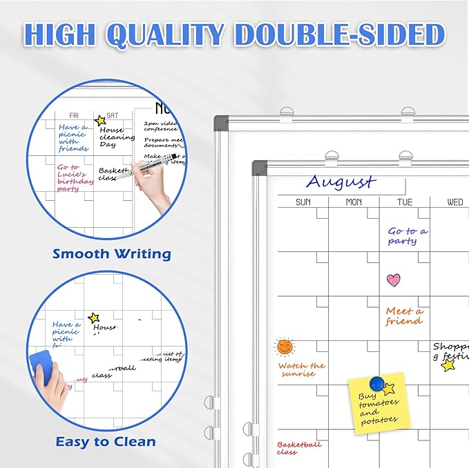 WALGLASS Dry Erase Calendar Whiteboard, 48" x 36" Monthly Large Dry Erase Calendar for Wall, Double-Sided Hanging Calendar White Board with Silver Aluminum Frame for Home, School, Office, Kitchen