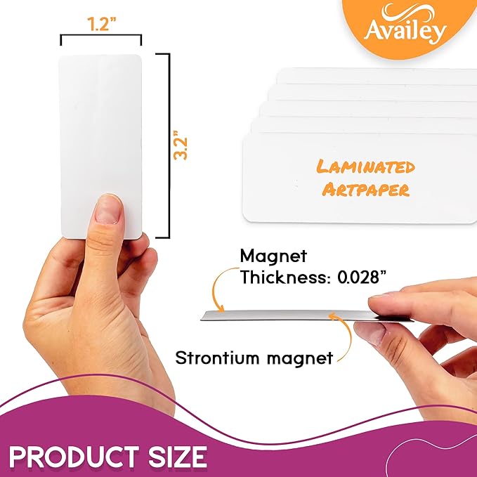 Availey 50 Pieces (3.2 x 1.2") - White Magnetic Dry Erase Labels - Reusable Strips for Classroom Home Office Garage Refrigerator Blank Writable Erasable Cards Name Tags Students Locker Shelf