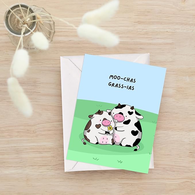 ALY LOU Cute Thank You Card, Thank U Greeting Note Card for Business, Teacher, Wedding, Birthday, Baby Shower, Blank Inside (Moo-Chas Grass-ias)