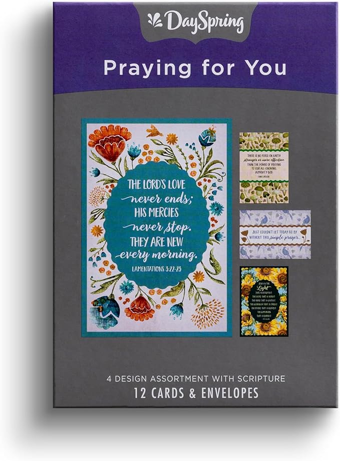 DaySpring - The Lord's Love Never Ends - 4 Floral Desgin Assortment with Scripture - 12 Boxed Praying for You Cards & Envelopes (J9176)