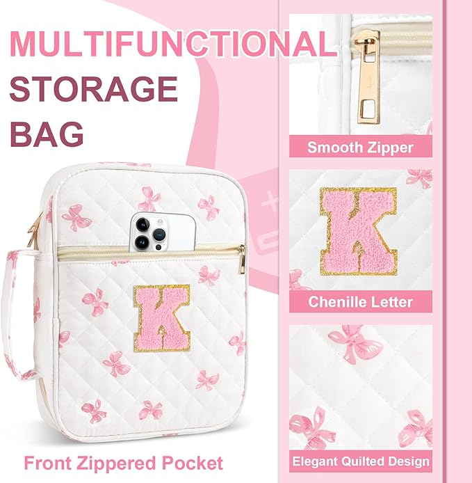 Personalized Initial Bible Cover Case for Women Girls Kid - Large Quilted Bible Case with Handle, Stylish Chenille Letter Bag Study Supplies, Perfect Christmas Gifts for Christians Women (Pink Bow-K)