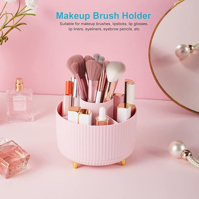 360 Degree Rotating Desk Pen Pencil Holder, 5 Slots Pencil Organizer Desk Organizers and Accessories, Cute Pen Holder for Desk, Pen Organizer Storage for Office School Home Pink