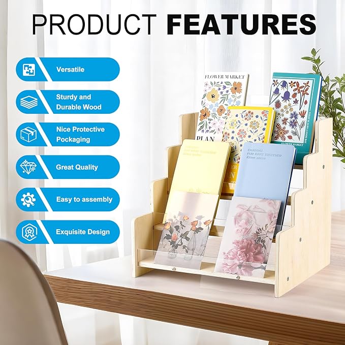 Greeting Card Display Stand , Acrylic Sticker Display Holder for Vendors, Counter Retail Display Rack , 4-Tiered Wooden/Acrylic Display stand for postcard /Brochure/Photos/Picture
