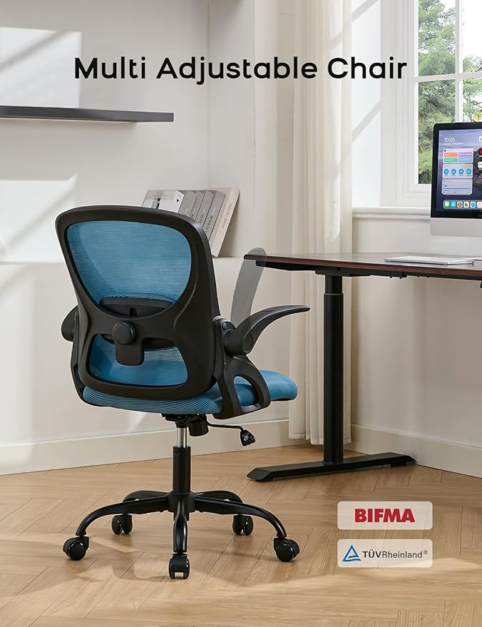Mesh Office Chair Ergonomic Desk Chair with Up&Down Front&Rear 2 Dimensions Adjustable Lumbar Support and Flip-up Arm Rocking Comfy Swivel Computer Task Chair for Home Office(Black-Blue)