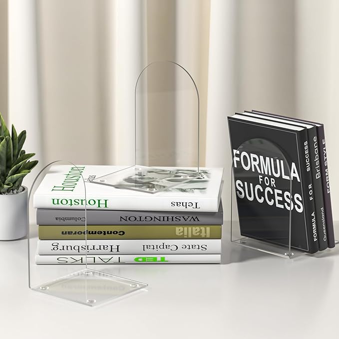 Acrylic Bookends 6 Pieces, Book Ends for Shelves, Clear Bookends for Book Shelves and Desktop Organizer, Transparent Bookends to Hold Books for Home Office Supplies