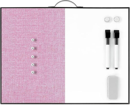 Small White Board Cork-Board Combo - 16 X 12 inches Pink Linen Board & Magnetic Dry Erase Board for Wall, Mini Bulletin Cork Board with Holder for Office, Home and School