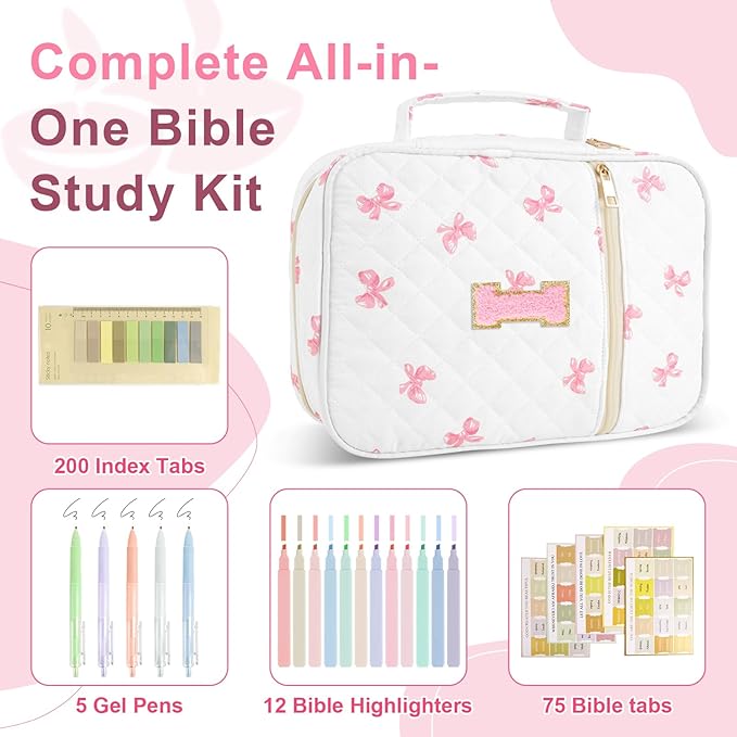 Personalized Initial Bible Cover Case for Women Girls Kid - Large Quilted Bible Case with Handle, Stylish Chenille Letter Bag Study Supplies, Perfect Christmas Gifts for Christians Women (Pink Bow-I)