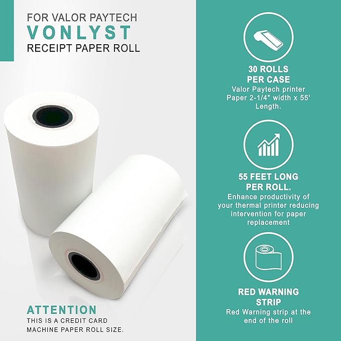 Receipt Paper Roll for Valor Paytech VL 110 and VL 500 Credit Card Machine (30 Rolls)