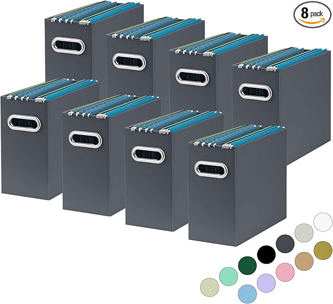 Oterri File Organizer, Small Storage Box, Cardboard File Folder Organizer, Collapsible File Box, Hanging File Organizer for Letter Size, Portable File Box with Handle, Only Box (Dark Grey,8 Packs)