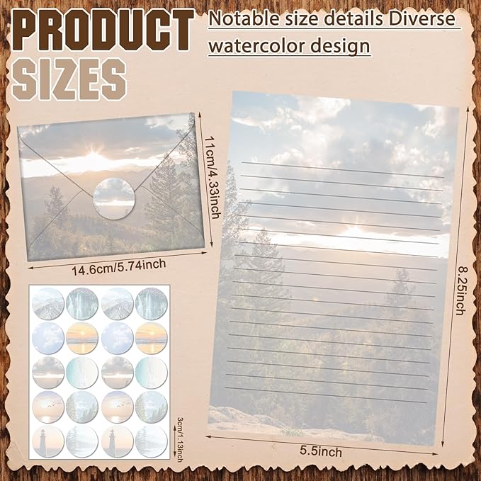 TaoBary 160 Packs Stationery Paper Set (50 Double Sided Stationery Writing Papers 50 Matching Envelopes) 60 Round Dot Sticker, 10 Design(Scenic Nature,5.5 x 8.25 Inch)