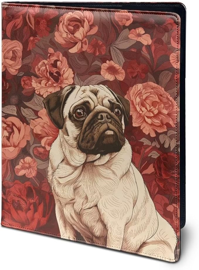 Office Folder Pug Dog Flower Print PU Leather Padfolio with A4 Size Clipboard Clip for Business Resume Interview Document Sleeve Binder Folder for Men/Women
