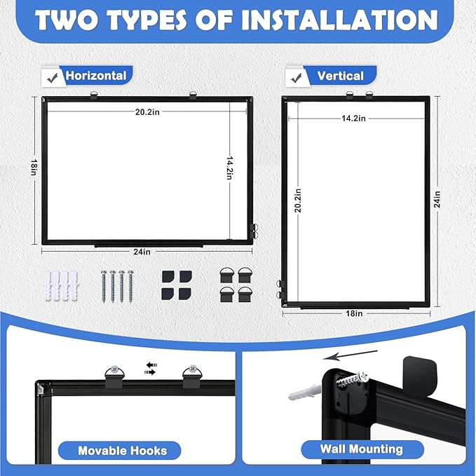 Double-Sided White Board Black Aluminium Frame, 24" x 18" Dry Erase Board Magnetic Whiteboard for Wall, Hanging Mounted Whiteboard Home, School, Office, Kitchen