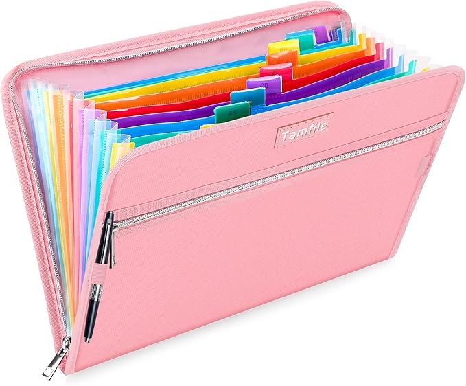 Fireproof Safe Accordion File Organizer Bag Folder,Waterproof Expanding Filing Folder with 14 Pockets, A4 Letter Size, Document Organizer Holder and Color Labels /2 Zipper (Pink 14.3" x 9.8")