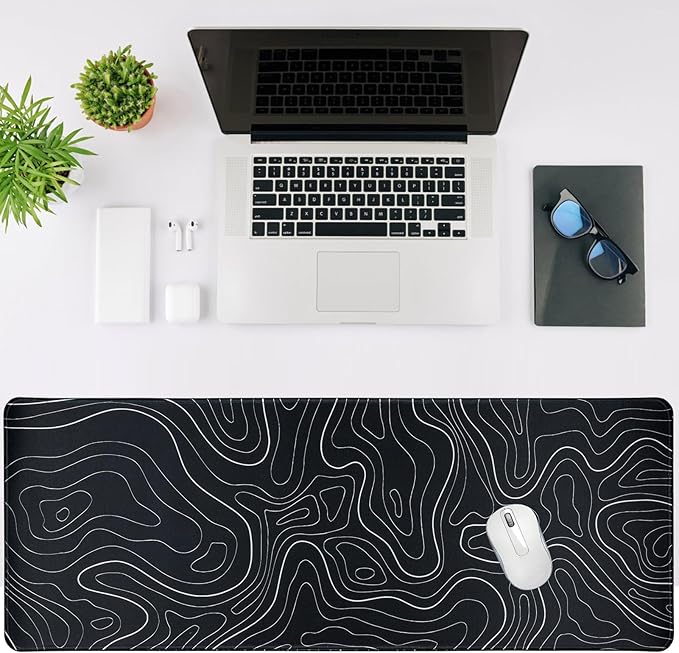 Gaming Mouse Pad Large 31.5 x 11.8in Topographic Keyboard Mousepad for Non-Slip Base and Stitched Edge, Extended Desk Pad XL Desk Mat (Black)