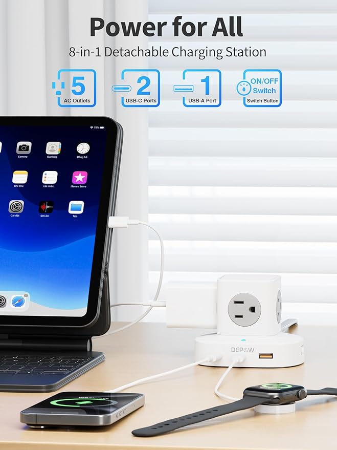 Power Strip Tower with USB-C, Small Surge Protector (1700J), 5 FT Extension Cord with 5 AC Outlet 3 USB Ports(2 USB C), Travel Charging Station with Overload Protection for Office, Dorm, Hotel