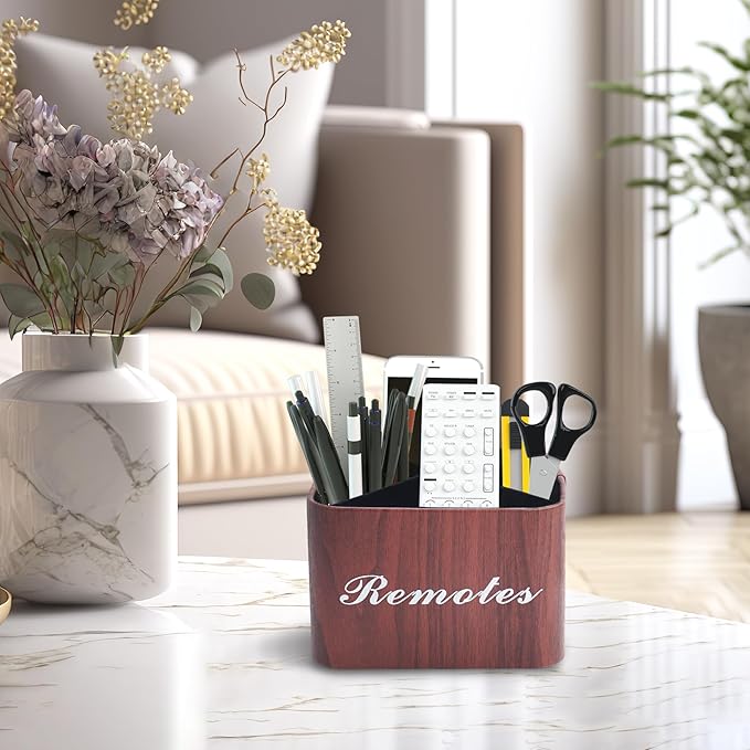 Hennaja Square Leather Art Supply Organizer,Remote Control Holder with Removable Dividers,360°Rotatable Pencil Holders,4 Compartments Organizer for Office Supplies Storage Box(1-Light Brown)