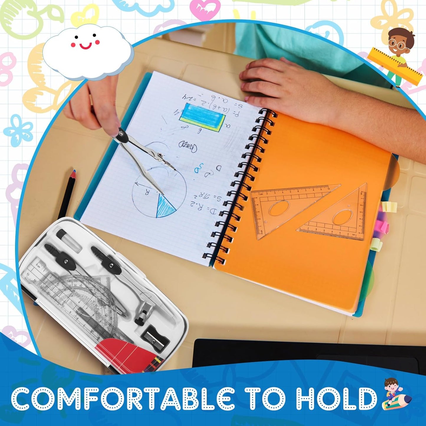 Teling 12 Sets Math Geometry Kit for Students 10 Pcs Compass Geometry Tools Set Includes Rulers Protractor Compass Eraser Pencil Sharpener Lead Refills Pencil (Black)