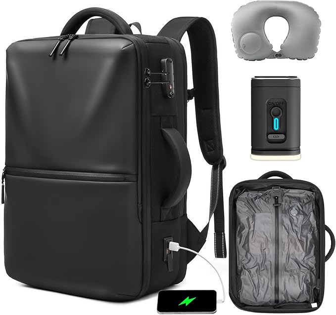 Fiordpack, 70L Vacuum Backpack Travel with Pump, Charging Port, Inflatable Pillow, Sleep Mask&Earplugs, Expandable Vacuum Seal Compression Travel Backpack for 19" Laptop, Airline Approved